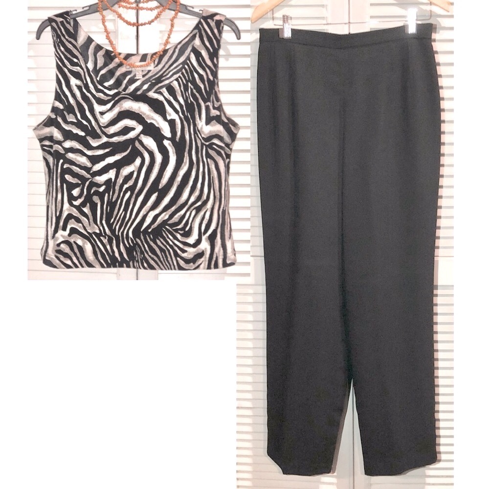Dress barn zebra cropped sleeveless blouse and high waisted pleated pants 16